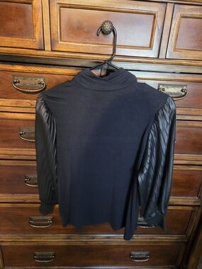 G by Giuliana Black Mock Neck Top with Pleated Faux Leather Puff Sleeves